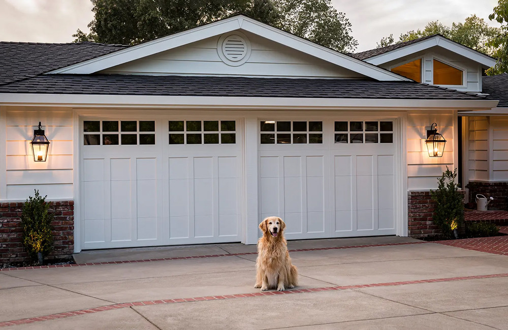 dog sitting on the driveway in front of a white garage