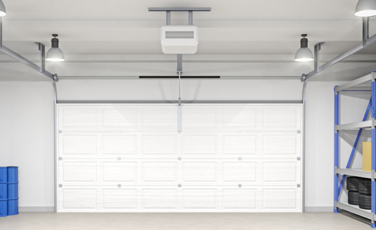 interior of a garage with a white door