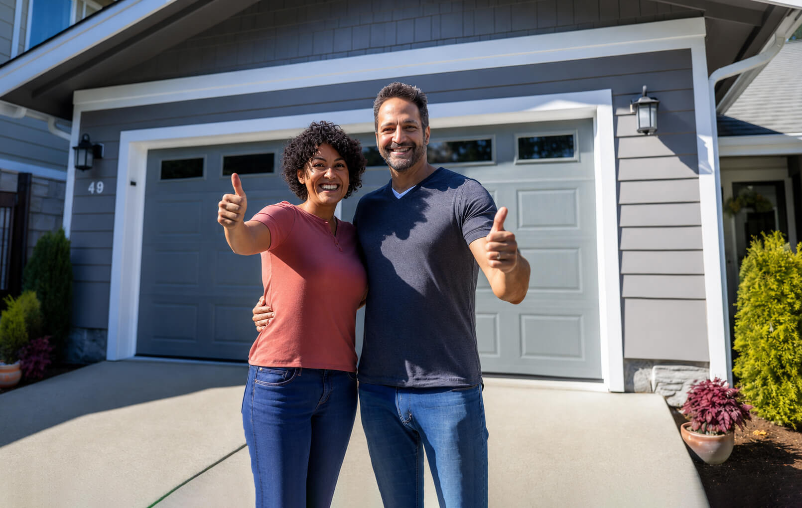 man and woman showing thumbs-up in front of a garage