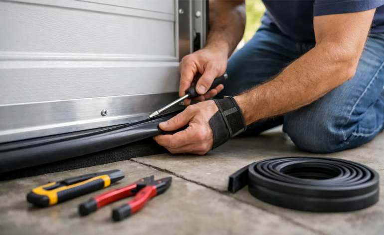 technician cleaning a garage door track in Sugar Land, TX