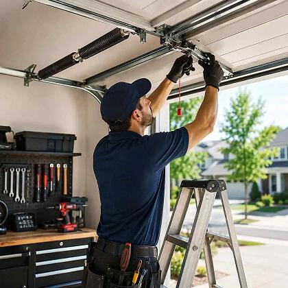 technician repairing a garage door track