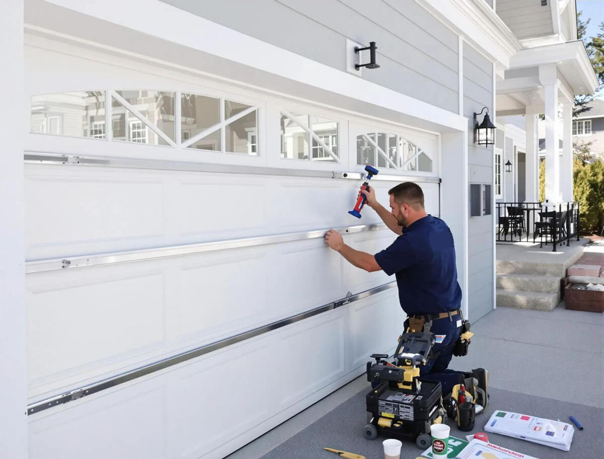 technician performing garage door maintenance