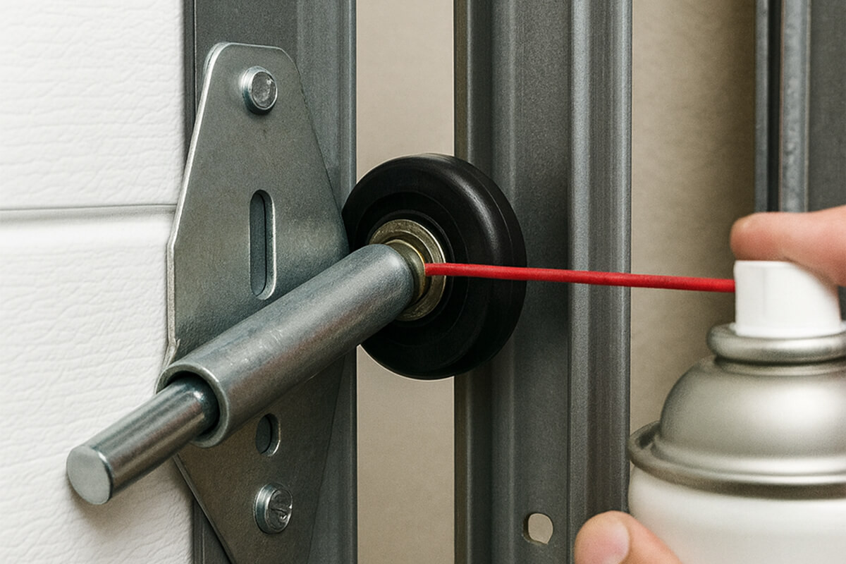 garage door roller being lubricated