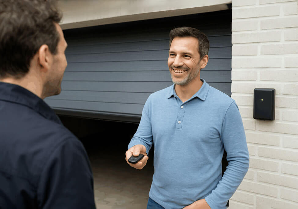 man speaking to a garage door technician