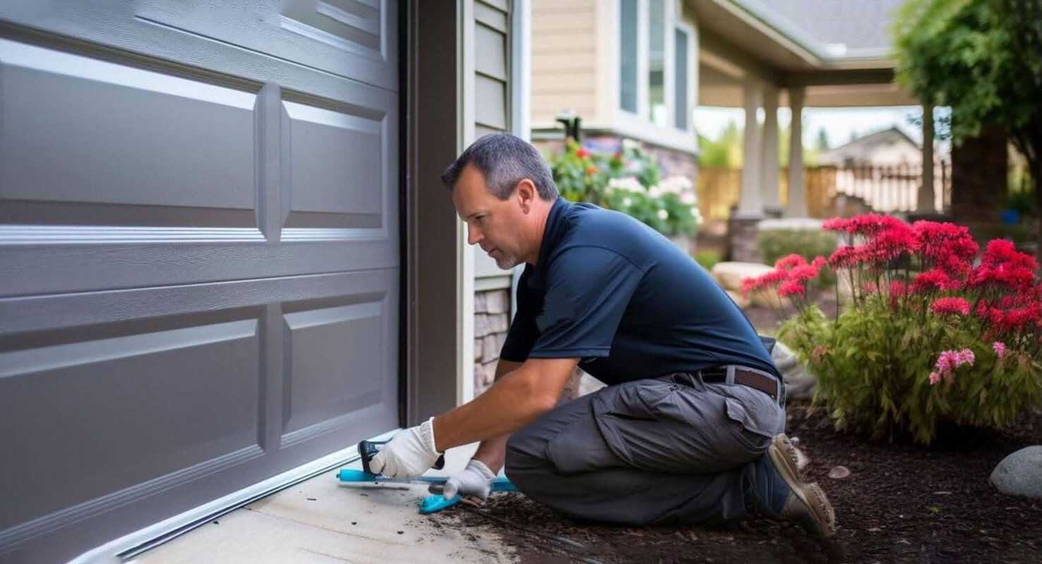 technician performing garage door inspection
